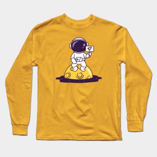Cute Astronaut Sitting On Moon With Rocket Sign Cartoon Long Sleeve T-Shirt